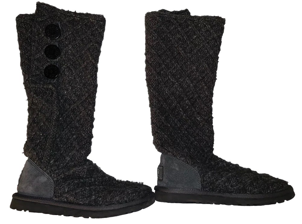 UGG Gray Lattice Cardy Tall BOOTS Sz 6 Sweater Knit Button 3066 Australia RARE