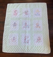 Vintage Handmade Hand Quilted Baby Quilt Blanket Embroidery Nursery Baby 45  x38  