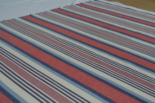 30 + yards available/ WOVEN VARIEGATED TICKING STRIPE COTTON/ Red, white & blue - Picture 4 of 7
