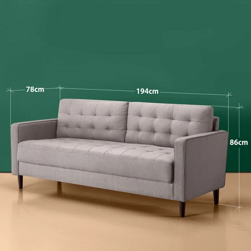 Zinus Mid-Century Retro 3 Seater Sofa Lounge Futon Couch Suite Fabric Grey 194cm - Picture 2 of 8