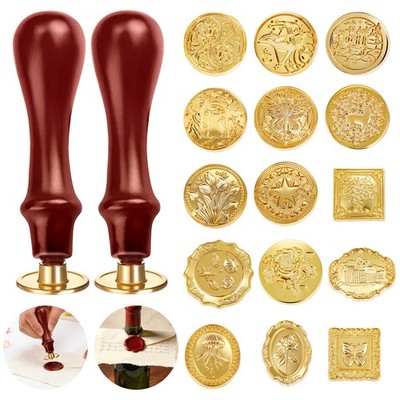 17 pcs Wax Seal Stamp Kit Vintage Classic Heads with 2 Handles for Wedding Gifts