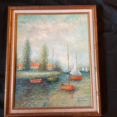 Seascape ships in harbor PAINTING vintage hand painted original by DuBoir art 