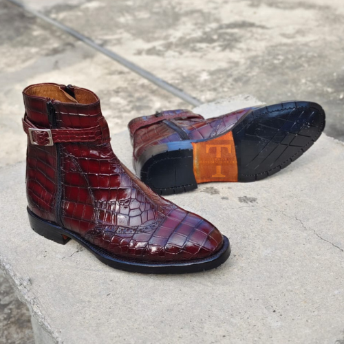 SAOLA Stivali turchi fatti a mano in pelle di coccodrillo marrone suola alta cerniera stivale elegante