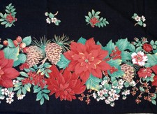 Tablecloth Christmas Black Background with Red Green Poinsettias 108" x 58"