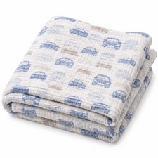    Baby Muslin Co Blanket Blue Car Print On White 36x44 100 Cotton Gauze