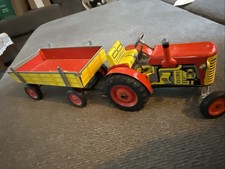Vintage 1990s KOVAP Zetor Czech Tin Tractor Trailer Wind-Up Toy