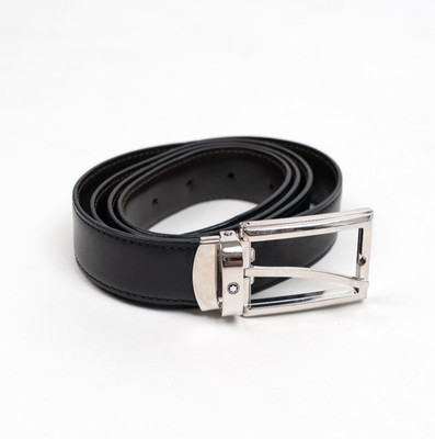 Montblanc Men's Black Leather Belt Silver-Tone Buckle Made in Italy