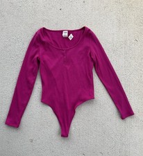 PINK Victoria s Secret Ribbed Henley Bodysuit Hot Pink Long Sleeve NWT L
