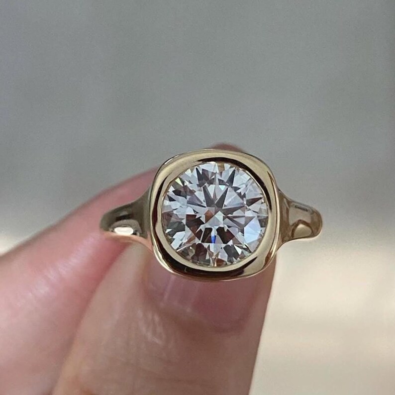 Solitaire Bezel Wedding Ring 14K Yellow Gold Plated Round Cut Simulated Diamond