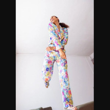 NWT Zara Full Length High Rise Multicolored Floral Printed Trousers Pants Sz XS