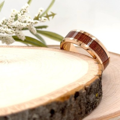 8mm Rose Gold Tungsten Engraved Ring Unisex Natural Wood Inlay Anniversary Band