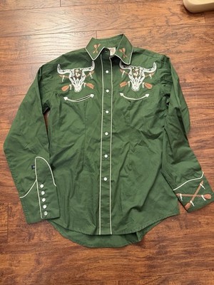Rockmount Ranch Wear 7703 Small Snap Green Steer Skull & Arrow Chain Shirt