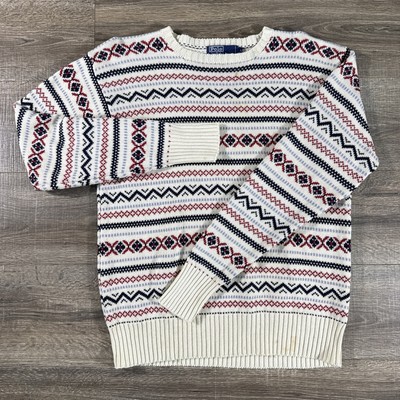 VTG Ralph Lauren Sweater Mens Large White Fair isle Nordic Knit Jumper Chunky