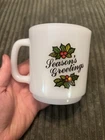 Vintage Milk Glass Glasbake "Season's Greetings" mug