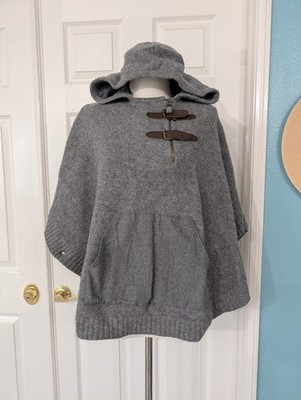 Massimo Dutti Cape Poncho Cape hood 76% Wool 18% Camel Gray Sz S Kangaroo Pocket