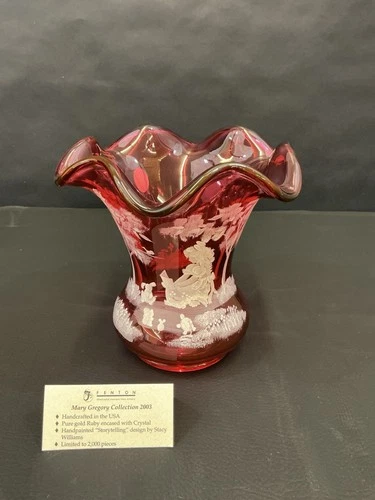 Fenton-Cranberry Mary Gregory Hand Painted Ruffled Vase Signed 951/2000 1547-B9