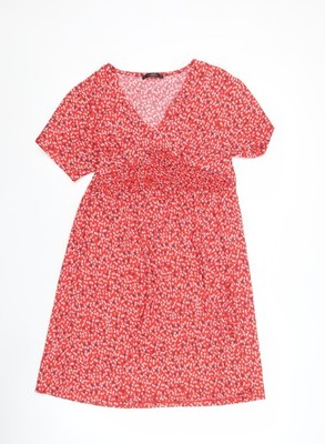 Dunnes Damen Kleid rot geblümt A-Linie Kurzarm Größe S