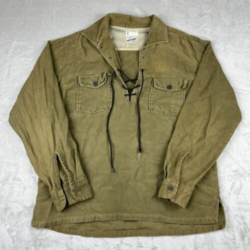 VTG 50s 60s Pennys Heeksuede Lace-Up Pullover Shirt Green Collared Large - Foto 1 di 10