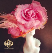 Del Mar Kentucky Derby Hat Royal Ascot Organza Rose Flower Hot Pink Orange Hat