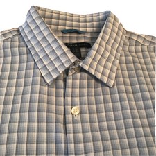Van Heusen Studio Mens Shirt LG 16-16 1/2 Slim Fit Blue Plaid Long Sleeve