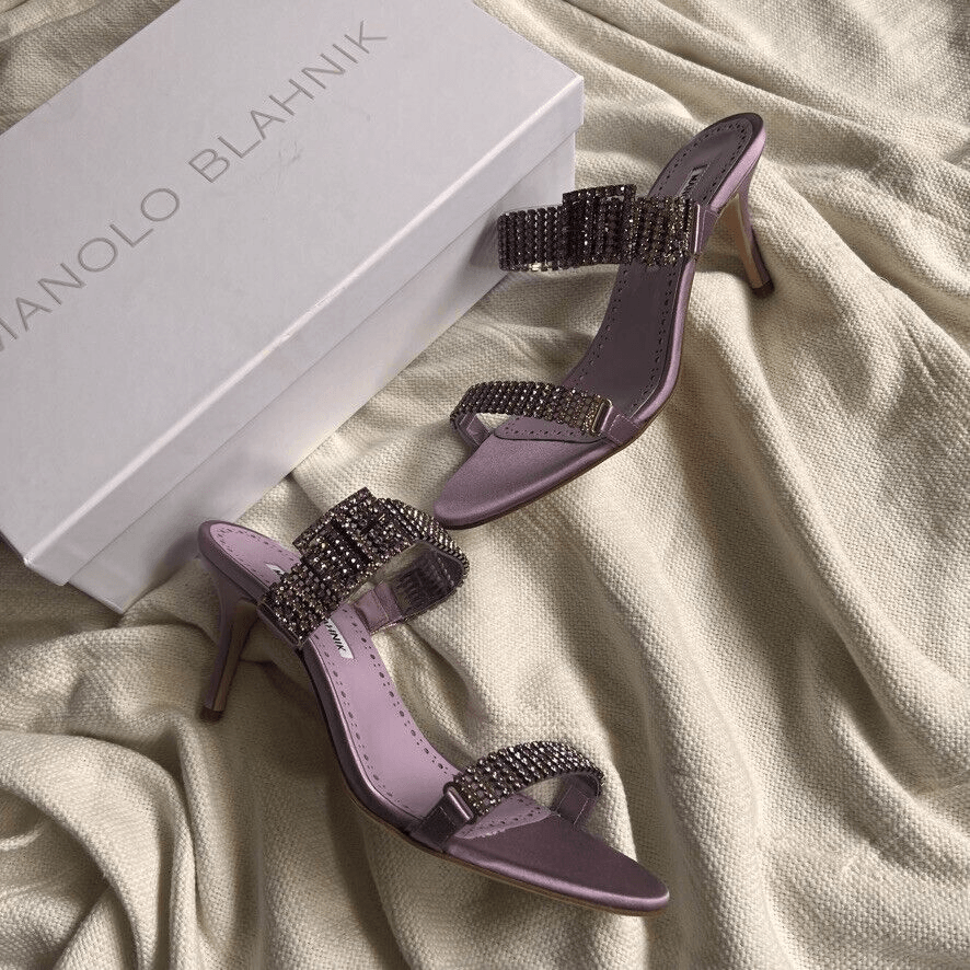 Manolo Blahnik Beopia Pink Satin Rhinestone Straps Mule Sandals 37