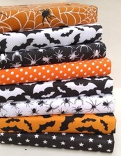 HALLOWEEN POLY COTTON FABRIC BUNDLE 8 X FAT QUARTERS & SQUARES BAT STAR SPIDER