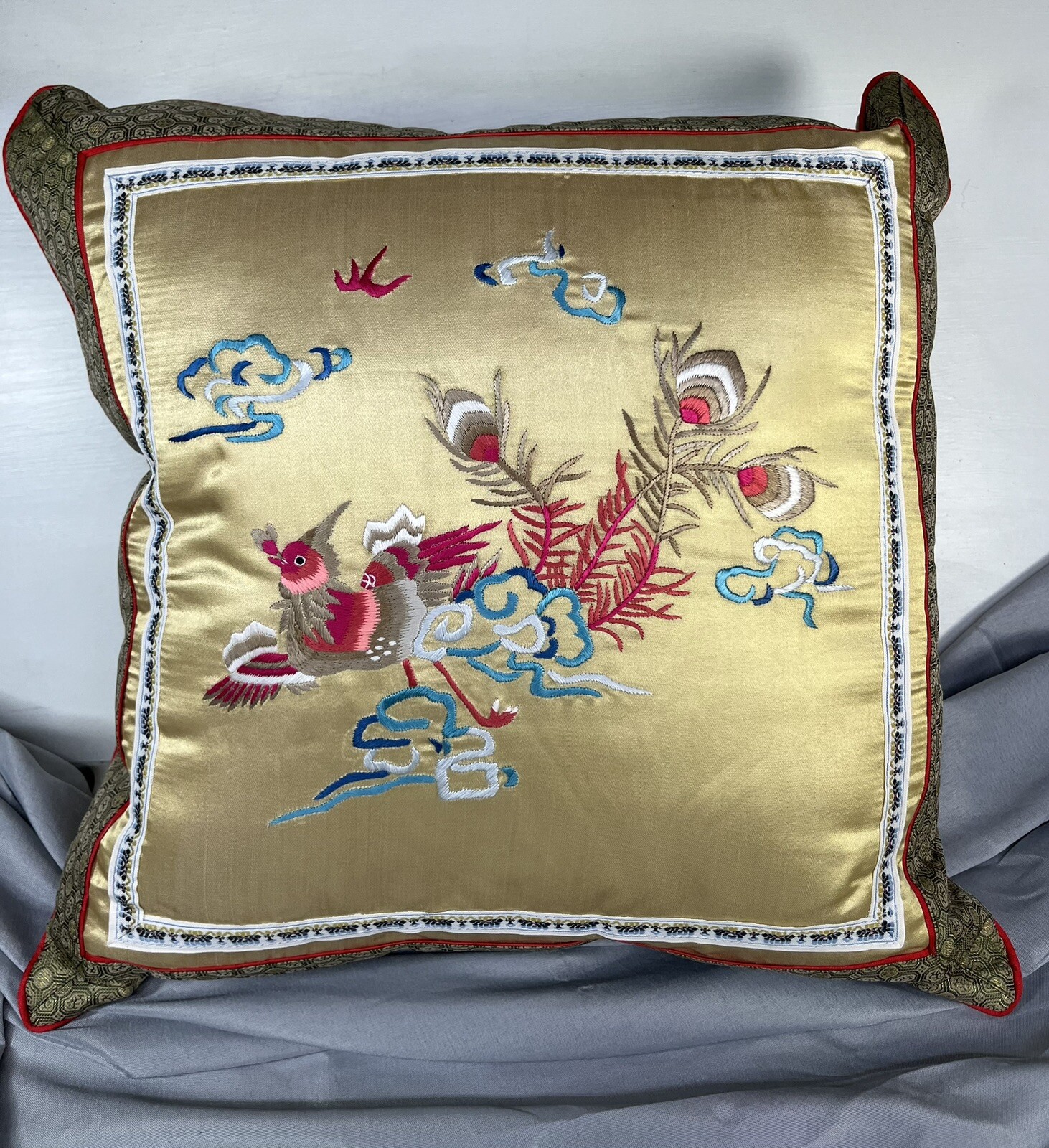 Chinese Silk Embroidered Brocade Pillow Phoenix  15