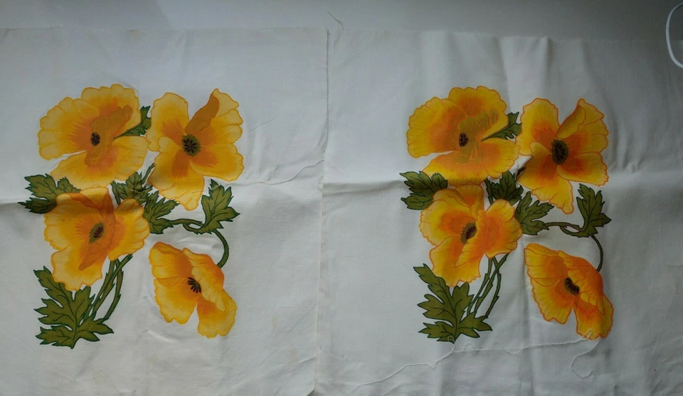 4 Square Vintage 18" x18" Linen Pre Cut Fabric Hand Painted  Pattern Flowers Lot - Image 2 of 4