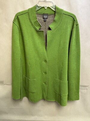 Eileen Fisher Jacket Womens 1X Green Merino Wool Nylon Pockets Button Front