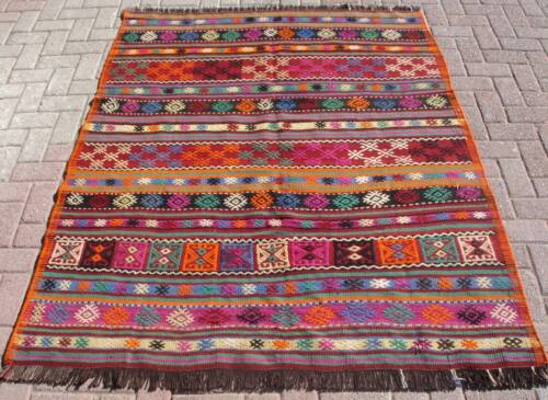Multicolor Tribal Bohemian Rug, Wool Anatolian Pink Kilim Carpet, 5 x 6.2 - Picture 1 of 10