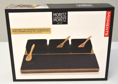 Moritz & Moritz 3x Schwarze Dipschalen Set mit Brett Holz und Schieferplatte
