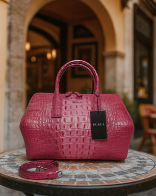 NEW FURLA  Papermoon Rose Pink Embossed Leather Satchel/Shoulder/Crossbody Bag