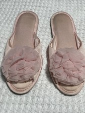 Vintage Vanity Fair Slippers Peep Toe Women's Sz Small 5-6 Pink Nylon Pom Pom