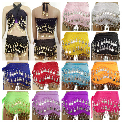 3 Rows Belly Dance Hip Scarf Golden Silver Tone Coins  Belt Chain Dancing Skirt