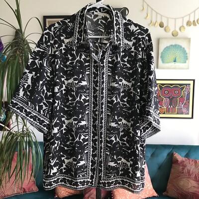 MAX STUDIO size M Black & White Floral Elbow Length Sleeve Chiffon Blouse Top