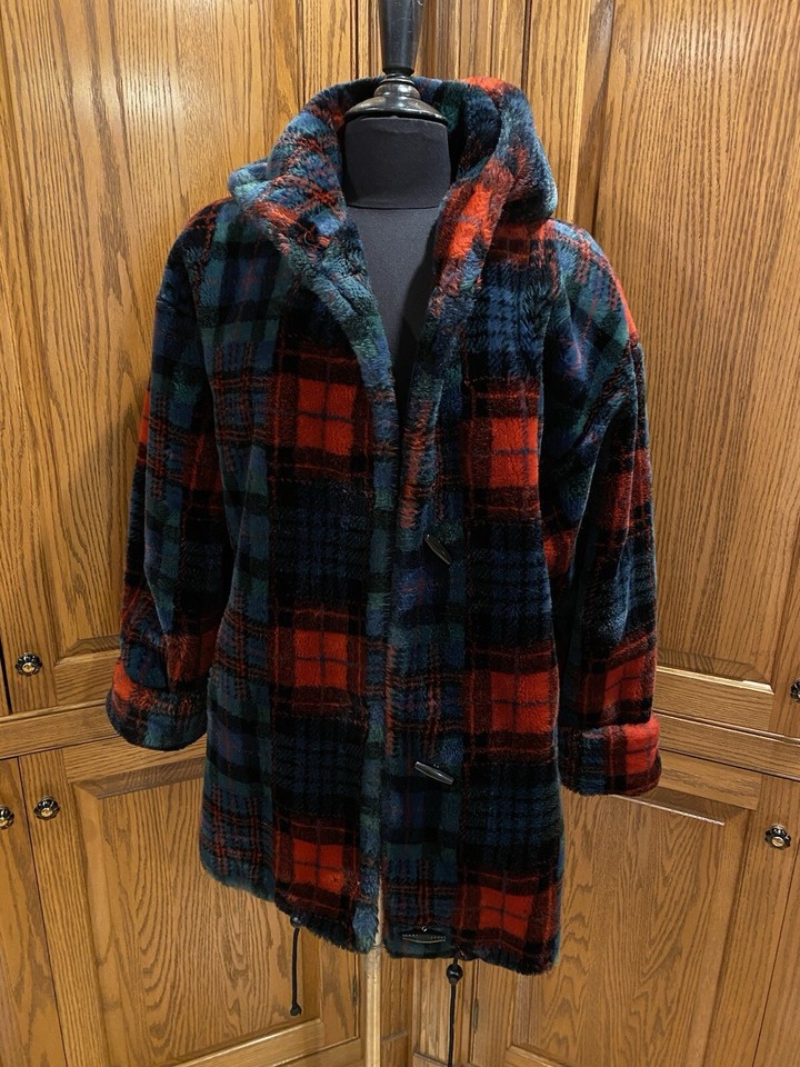 Donnybrook Vintage Toggle Coat Faux Fur Plaid Tartan Hood Jacket Size