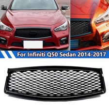 Front Bumper Upper Grille Fits For 2014-2017 Infiniti Q50 Gloss Black Grill Mesh