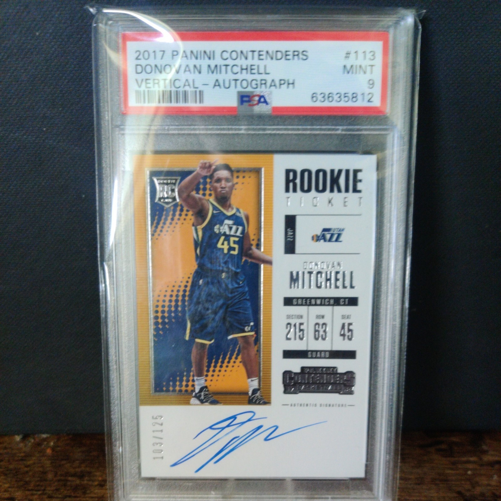 Donovan Mitchell 2017 Contenders Rookie Ticket Vertical Auto. #/125  PSA 9