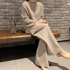 Women Winter o-Neck Sweater Wide Leg Pants 2 Piece Suit Set Lady Office Wear