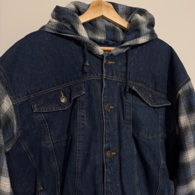 Vintage In Crowd Denim Jean & Flannel Hooded Jacket Mens Large Varsity