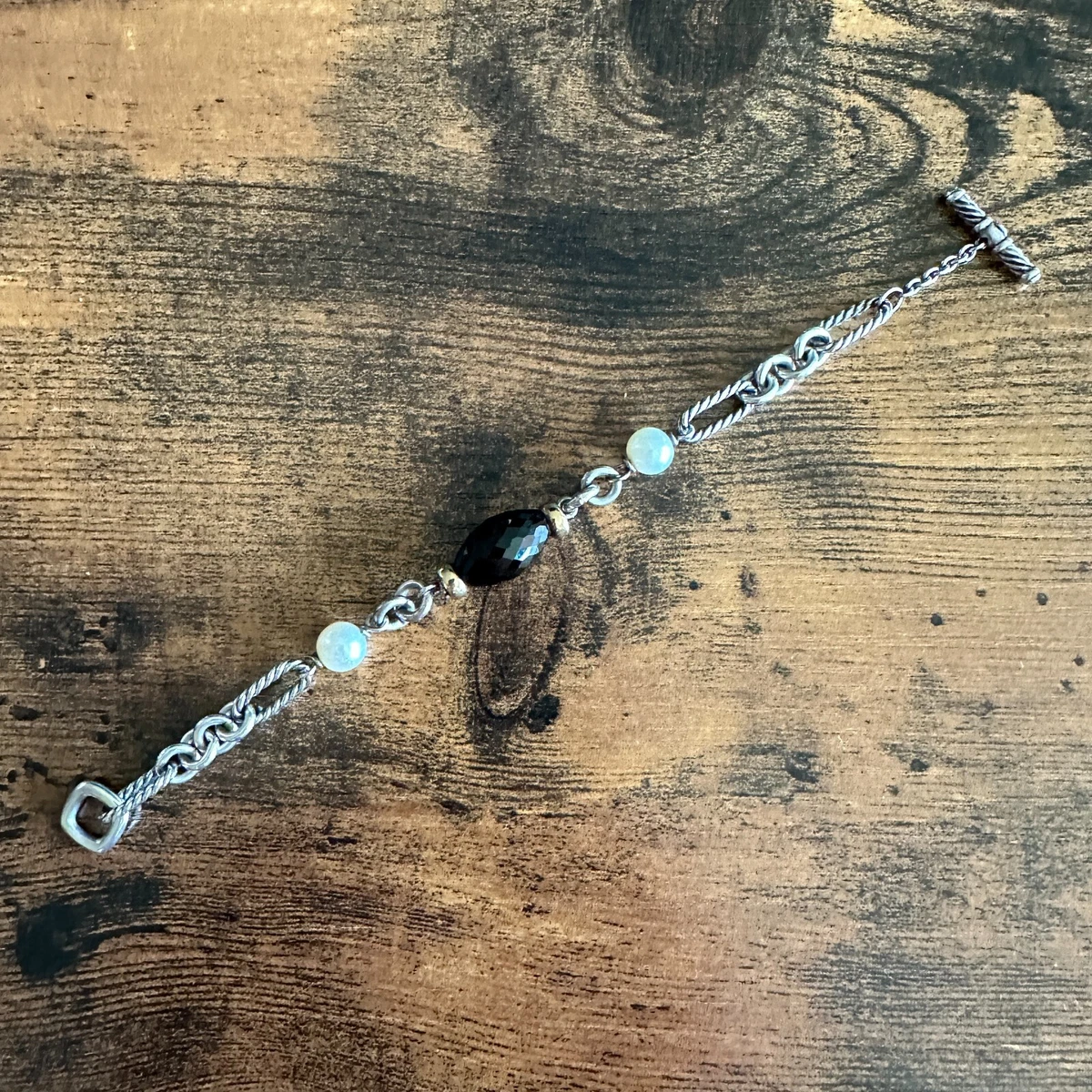David Yurman Figaro Bracelet w Pearl Black Onyx 18K Gold 7.5