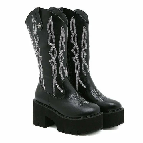Botas vaqueras occidentales bordadas para mujer botas de tacón ancho plataforma media pantorrilla - Imagen 12 de 15