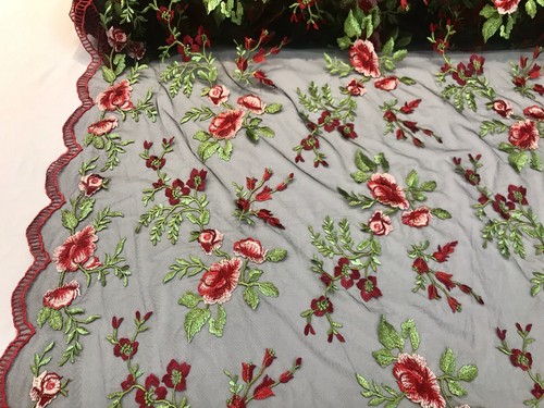 RED-BLACK MULTI COLOR FLORAL DESIGN EMBROIDER ON A MESH LACE-SOLD BY YARD. - Picture 2 of 9