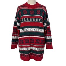 Vintage Express Tricot Red Green Floral Fair Isle Cotton Sweater Womens Medium