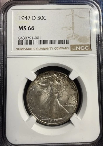 1947 D Walking Liberty Silver 50C NGC MS66 Toned