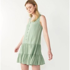 Nine West Solid Sage Green Tiered Dress Faux Button Front Sleeveless Size XL
