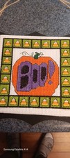 halloween cross stitch "Boo" on a wood frame