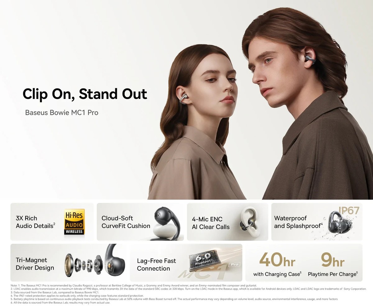 Baseus Bowie MC1 Pro Open-Ear TWS Earbuds, IP67, SuperBass 2, AI