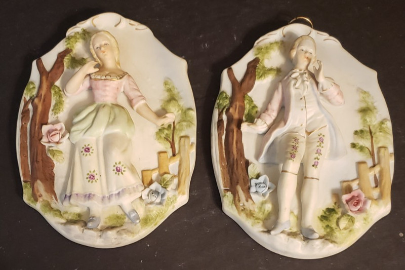 Lipper & Mann Wall Plaques Set Of Two Bisque Pastels Applied Flowers