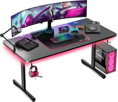 55 Inch Gaming Desk with LED Lights, Large Computer Desk with Mouse Pad for Home